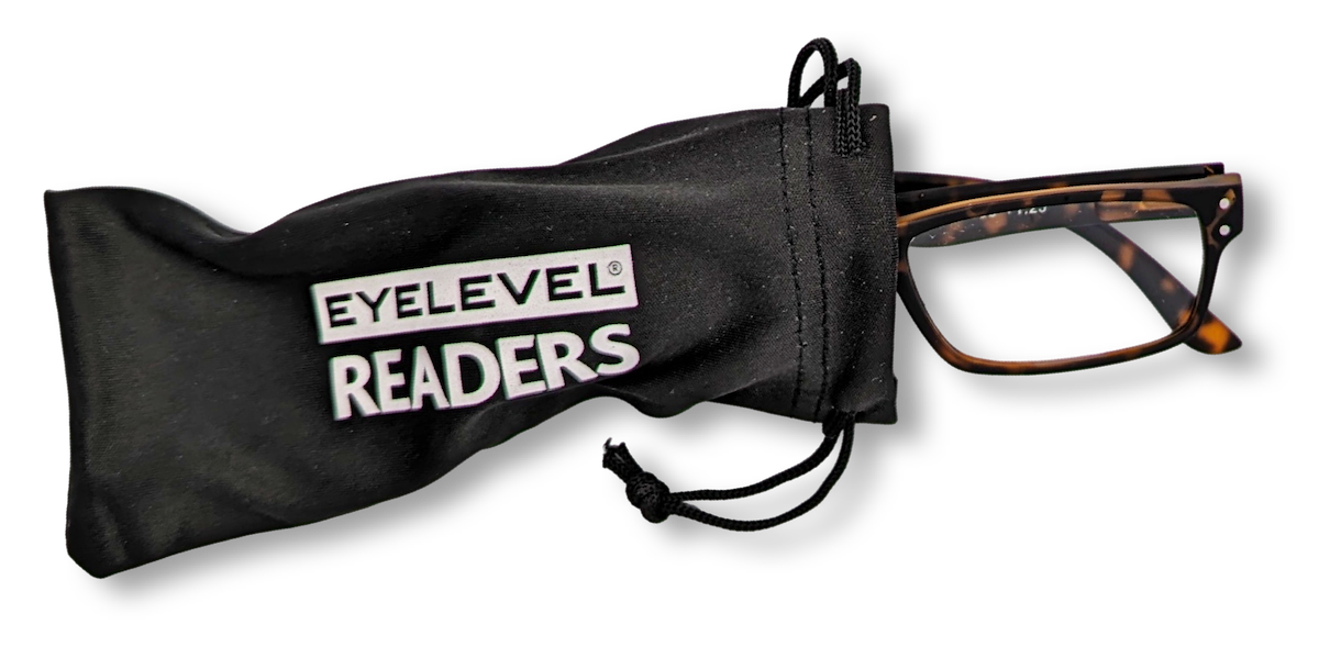 Eyelevel-UK Earl reading glasses with tortoiseshell rectangular frames partially inside a black branded pouch.
