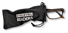 Eyelevel-UK Earl reading glasses with tortoiseshell rectangular frames partially inside a black branded pouch.