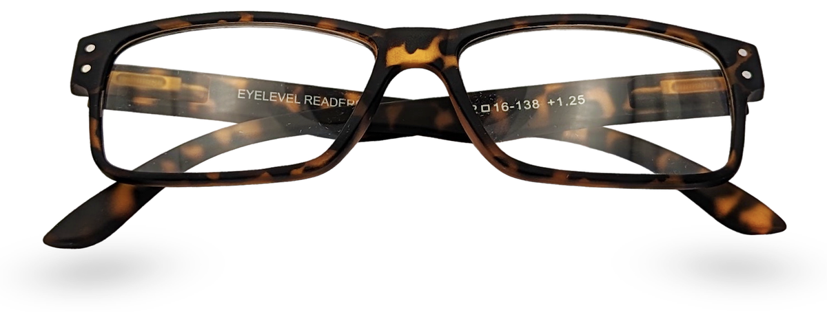 Eyelevel-UK Earl reading glasses with a brown tortoiseshell rectangular plastic frame and clear magnifying lenses.