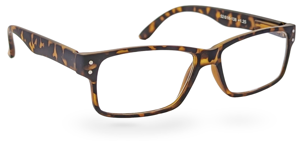 Eyelevel-UK Earl reading glasses with a brown tortoiseshell rectangular plastic frame and clear magnifying lenses.