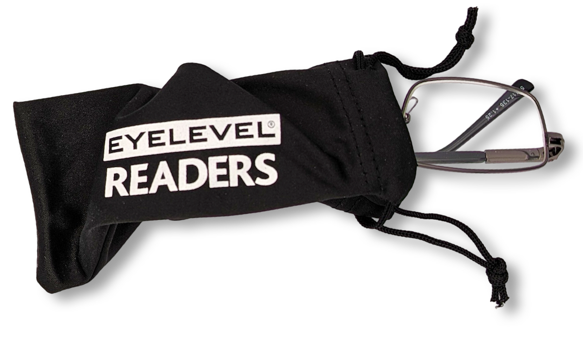 Eyelevel-UK Esquire reading glasses with silver metal square frames tucked inside a black branded drawstring pouch