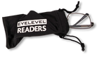 Eyelevel-UK Esquire reading glasses with silver metal square frames tucked inside a black branded drawstring pouch