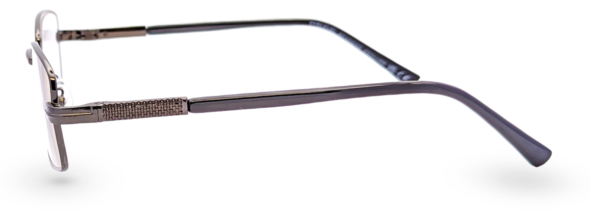 Side view of Eyelevel-UK Esquire reading glasses with silver metal rectangular frames and textured temple details.
