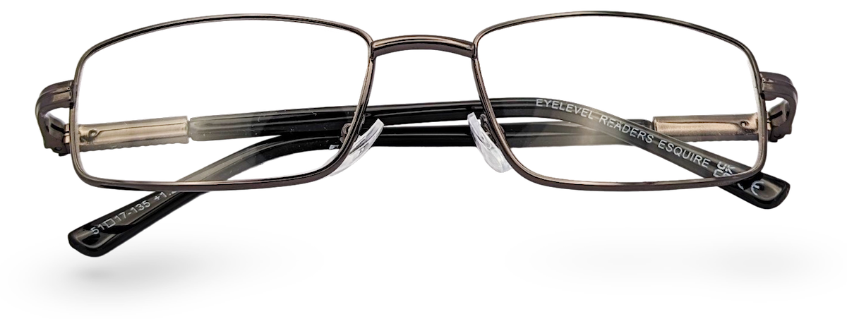Eyelevel-UK Esquire reading glasses with a silver metal rectangular frame and clear magnifying lenses.