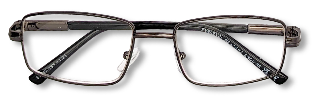 Eyelevel-UK Esquire reading glasses with a silver metal rectangular frame and clear magnifying lenses.