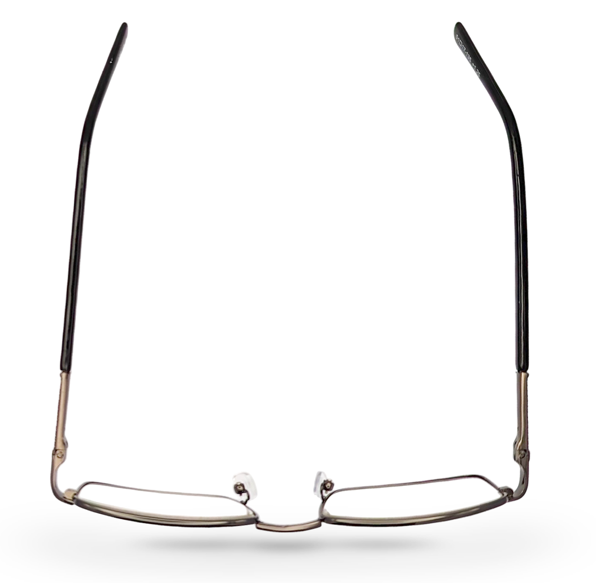 Eyelevel-UK Esquire reading glasses with silver rectangular metal frames and black temple tips viewed from above