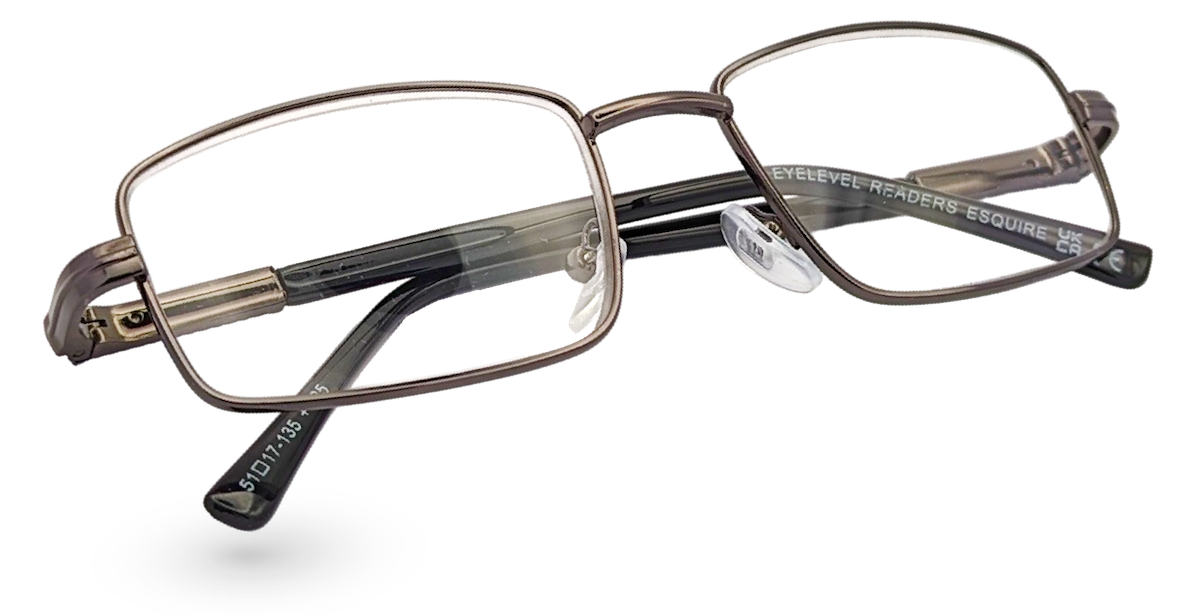 Eyelevel-UK Esquire reading glasses featuring a silver metal rectangular frame and clear magnifying lenses.