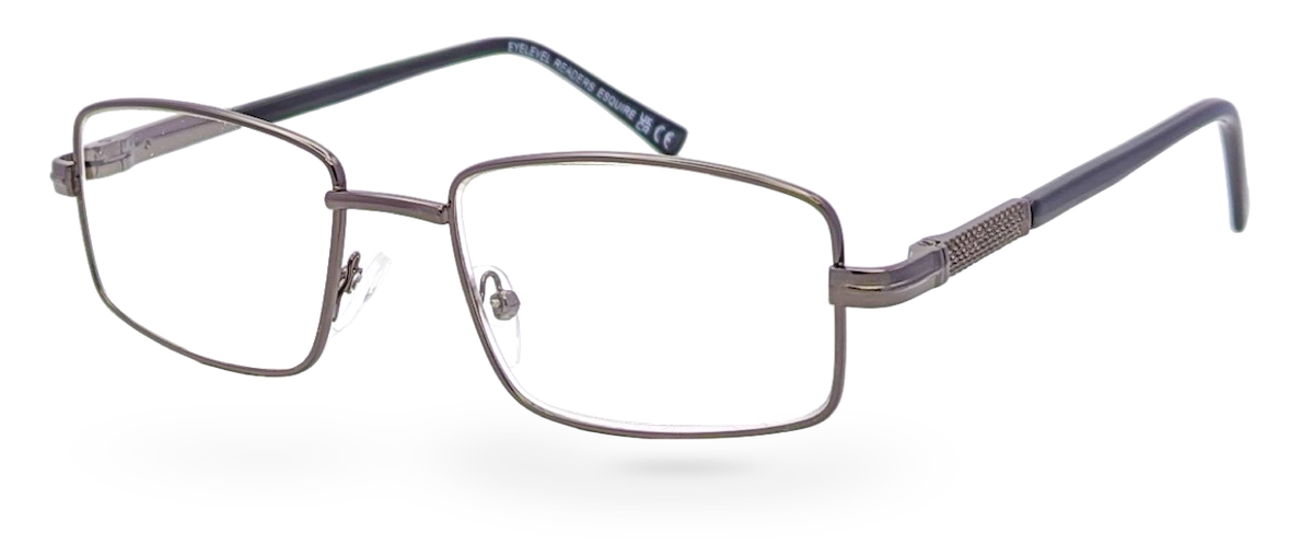 Eyelevel-UK Esquire reading glasses with a silver metal rectangular frame and clear magnifying lenses