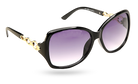 Eyelevel-UK Eva oversized ladies sunglasses with black frame, light gold chain detail, and grey gradient lenses.