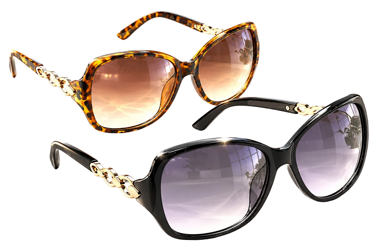 Eyelevel-UK Eva oversized ladies fashion sunglasses in black and brown tortoiseshell with gold chain detail arms