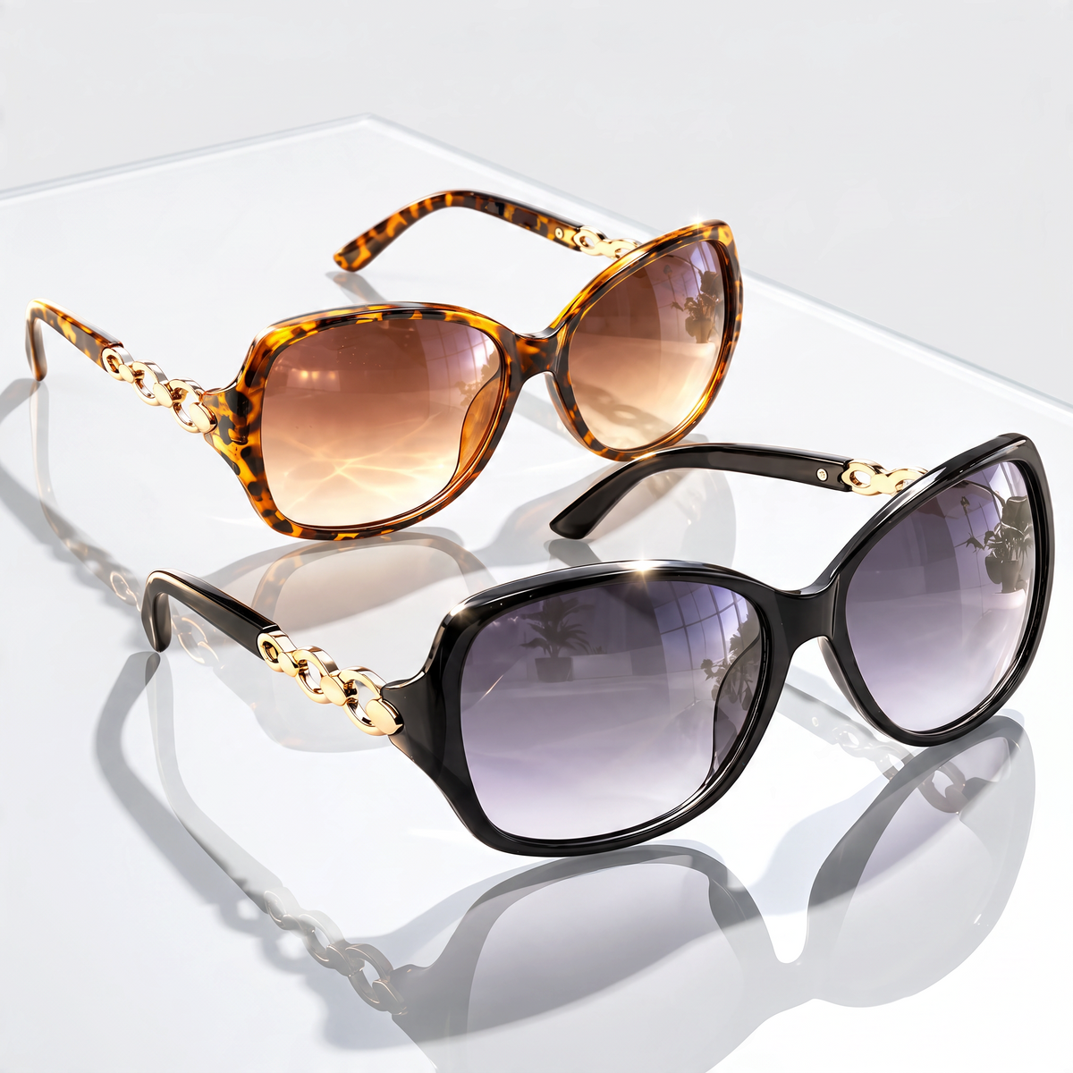 Eyelevel-UK Eva oversized ladies fashion sunglasses in black and brown tortoiseshell with gradient lenses