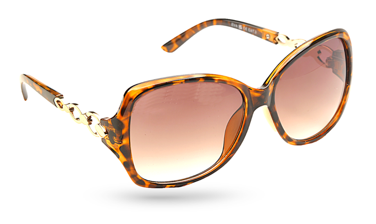Eyelevel-UK Eva oversized ladies sunglasses in brown tortoiseshell with light gold chain detail and gradient lenses