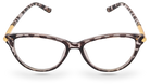 Eyelevel-UK Georgia reading glasses with a pink and black patterned squared frame and gold-tone temple accents.