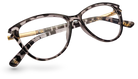 Eyelevel-UK Georgia reading glasses with a pink and black patterned squared frame and gold-tone metal temples.