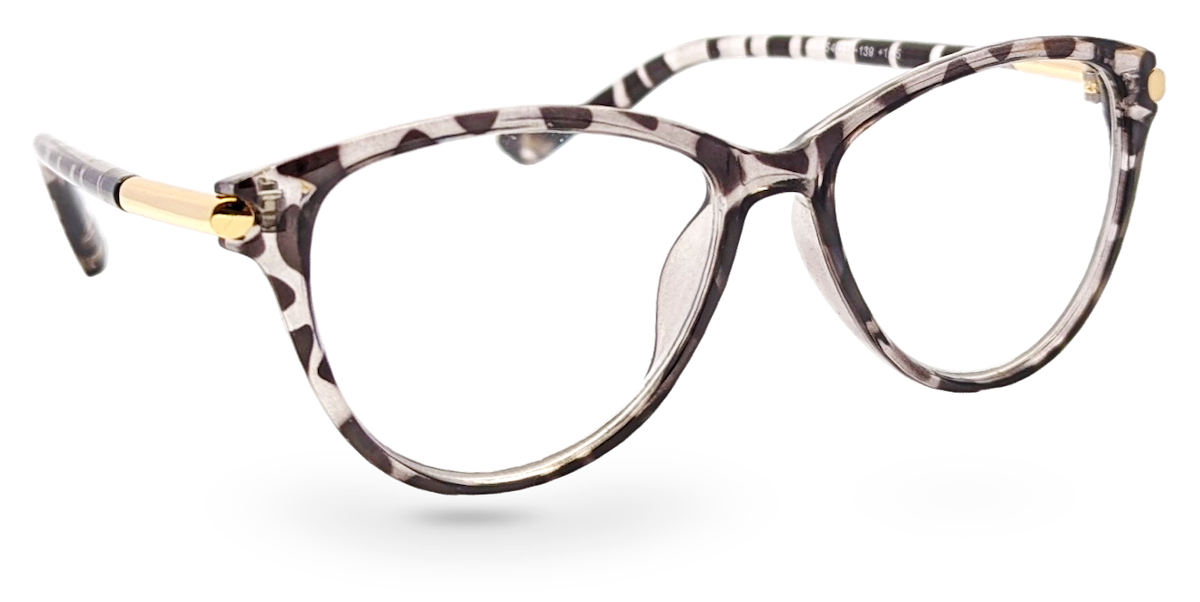 Eyelevel-UK Georgia reading glasses with a pink and black patterned square plastic frame and gold-tone temple accents.