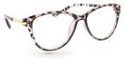 Eyelevel-UK Georgia reading glasses with a pink and black patterned square plastic frame and gold-tone temple accents.