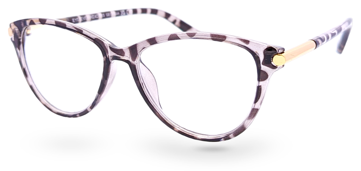Eyelevel-UK Georgia reading glasses with a pink and black patterned squared frame and gold-tone temple accents.