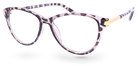Eyelevel-UK Georgia reading glasses with a pink and black patterned squared frame and gold-tone temple accents.