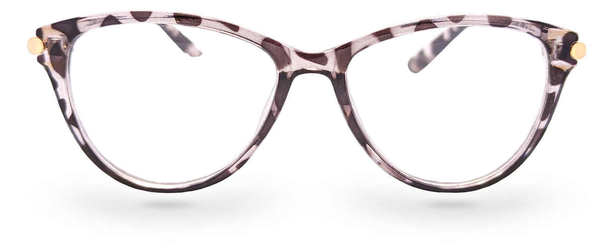 Eyelevel-UK Georgia reading glasses with a pink and black patterned plastic frame and clear magnifying lenses.