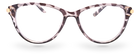 Eyelevel-UK Georgia reading glasses with a pink and black patterned plastic frame and clear magnifying lenses.