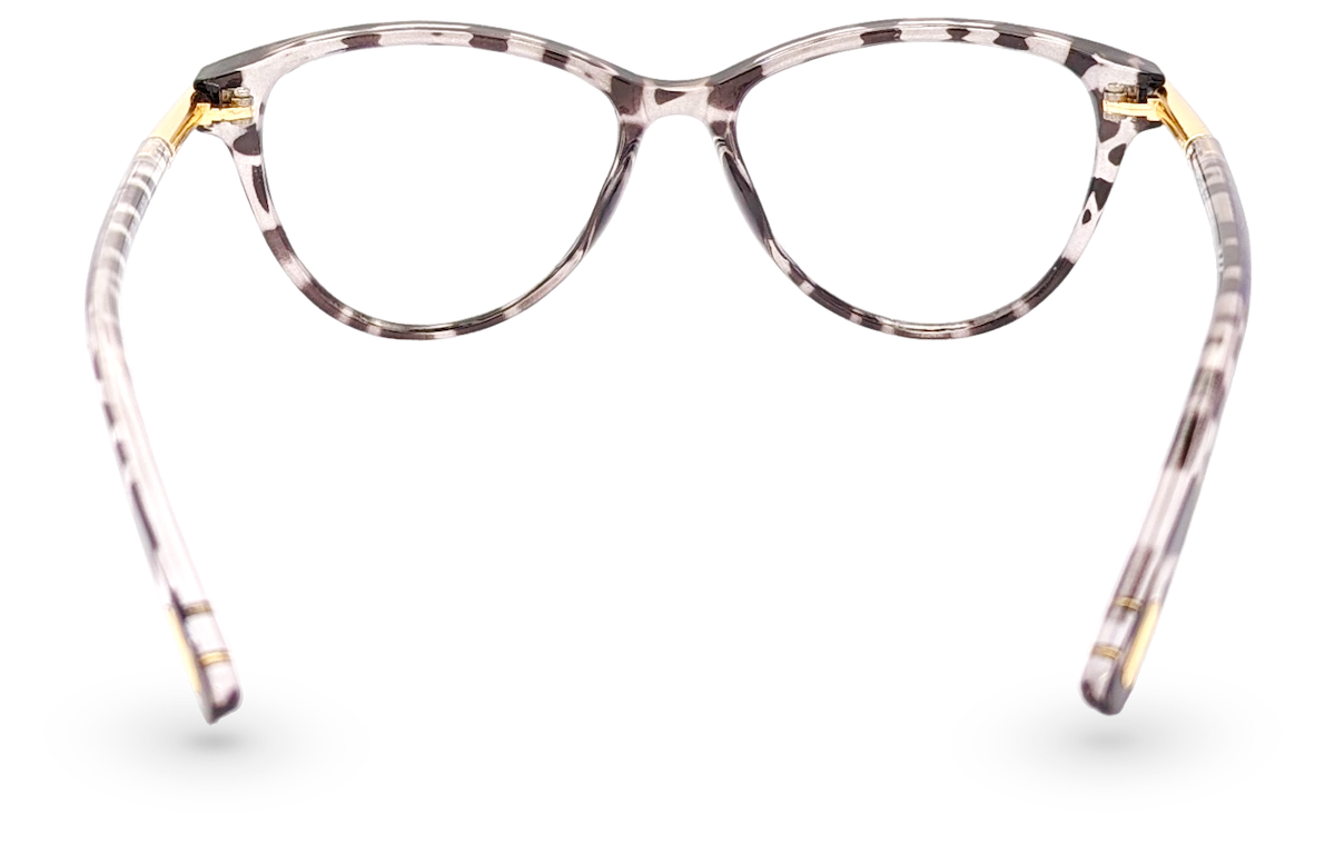 Eyelevel-UK Georgia reading glasses with a pink and black patterned squared frame and gold-tone temple accents.