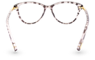 Eyelevel-UK Georgia reading glasses with a pink and black patterned squared frame and gold-tone temple accents.