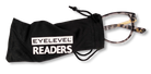 Eyelevel-UK Georgia reading glasses with pink and black squared frames peeking out of a black branded felt pouch.