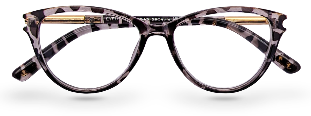 Eyelevel-UK Georgia reading glasses with a pink and black patterned square plastic frame and gold-tone temples.