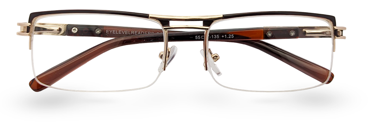 Eyelevel-UK Sovereign gold and brown semi-rimless rectangular reading glasses with clear magnifying lenses