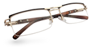 Eyelevel-UK Sovereign gold and brown semi-rimless rectangular reading glasses with clear magnifying lenses.