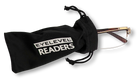 Eyelevel-UK Sovereign gold semi-rimless reading glasses partially inside a black branded drawstring pouch