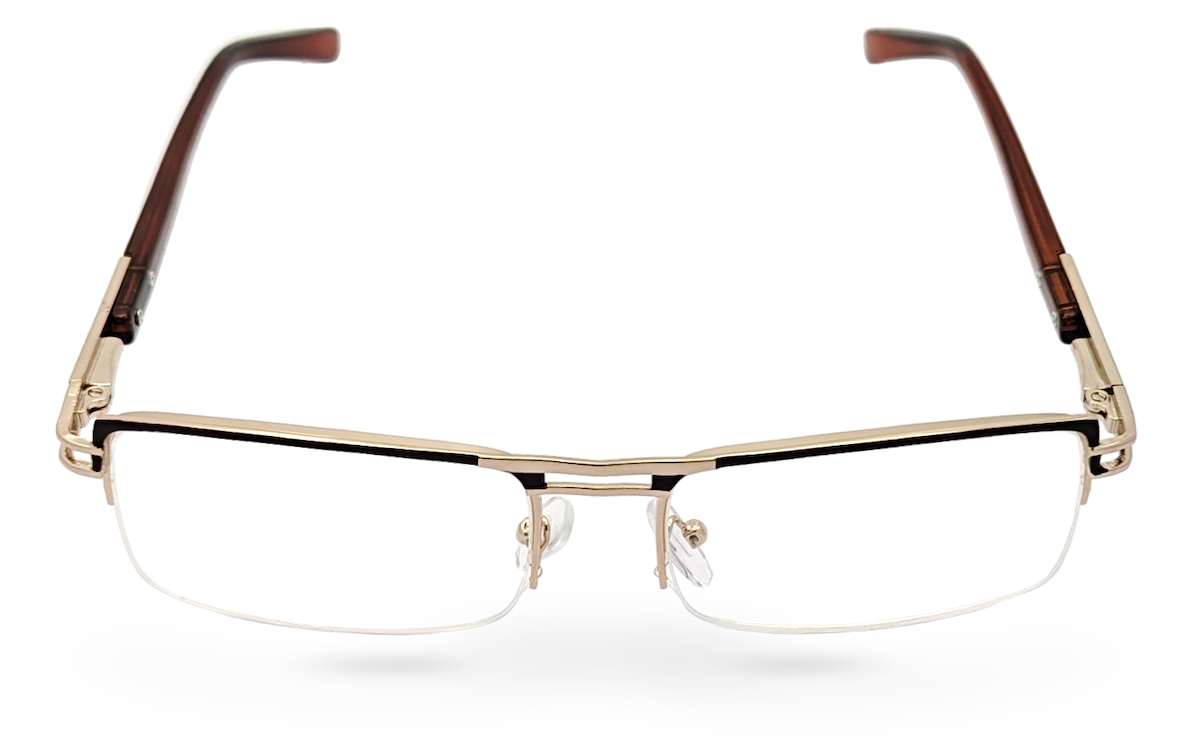 Eyelevel-UK Sovereign gold and brown semi-rimless rectangular reading glasses with clear magnifying lenses.