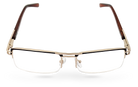 Eyelevel-UK Sovereign gold and brown semi-rimless rectangular reading glasses with clear magnifying lenses.