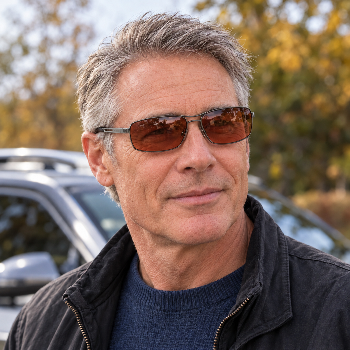 Eyelevel-UK Grand Prix driving sunglasses with gunmetal frames and high density lenses worn by a mature man outdoors.