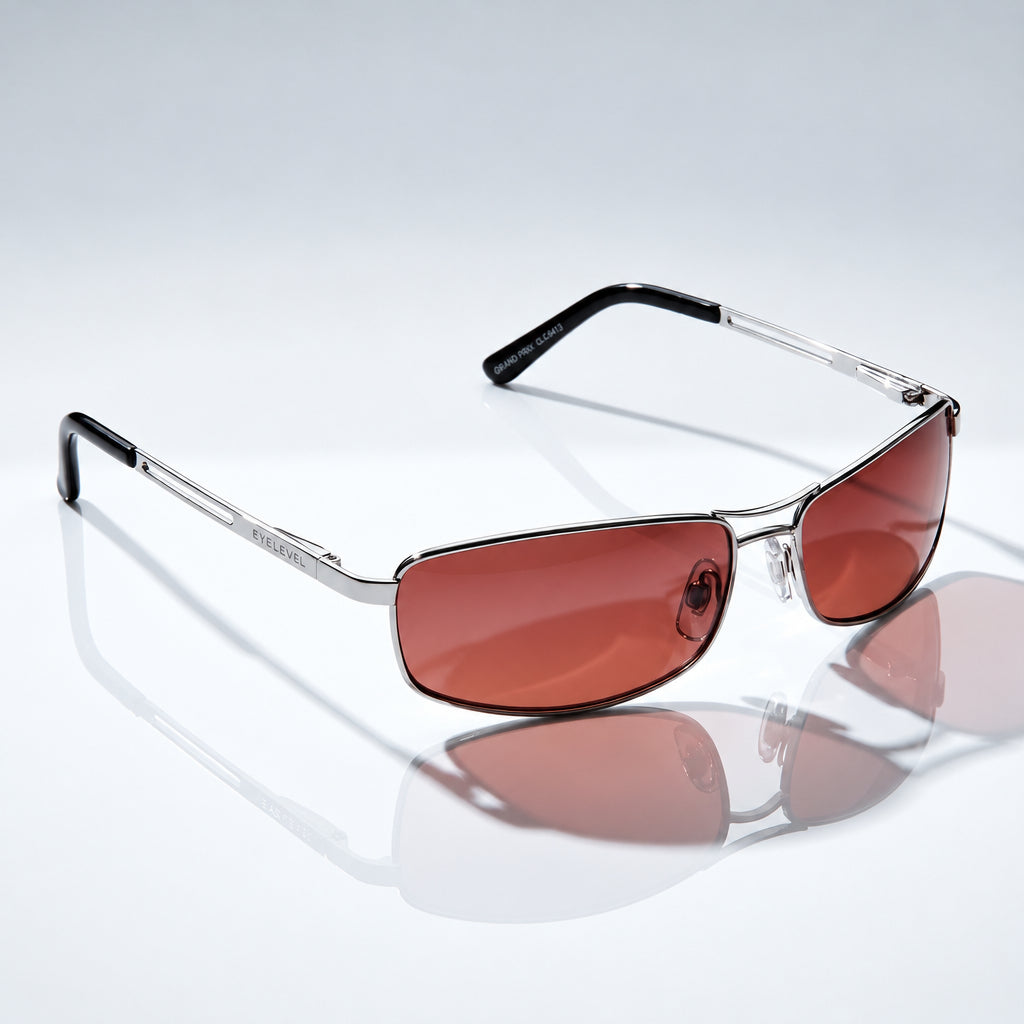 Eyelevel-UK Grand Prix driving sunglasses with silver frames and high density copper tinted lenses for road visibility.