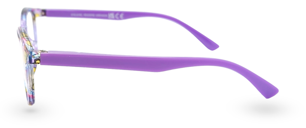 Eyelevel-UK Grenada reading glasses with a lilac and yellow patterned square frame and solid purple temples