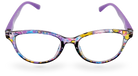 Eyelevel-UK Grenada reading glasses with a colourful lilac and yellow patterned frame and purple temples.