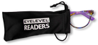 Eyelevel-UK Grenada reading glasses with lilac and yellow patterned frames peeking out of a black branded pouch