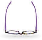 Eyelevel-UK Grenada reading glasses with lilac temples and a colourful patterned square frame viewed from above