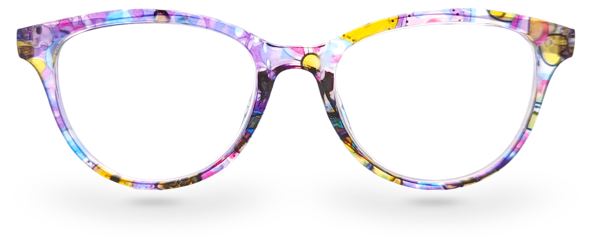 Eyelevel-UK Grenada reading glasses with a colourful lilac and yellow patterned plastic frame and clear lenses.