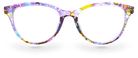 Eyelevel-UK Grenada reading glasses with a colourful lilac and yellow patterned plastic frame and clear lenses.