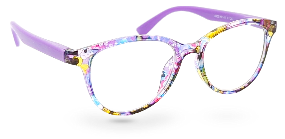 Eyelevel-UK Grenada reading glasses with a colourful lilac and yellow patterned frame and solid purple temples.