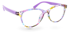 Eyelevel-UK Grenada reading glasses with a colourful lilac and yellow patterned frame and solid purple temples.