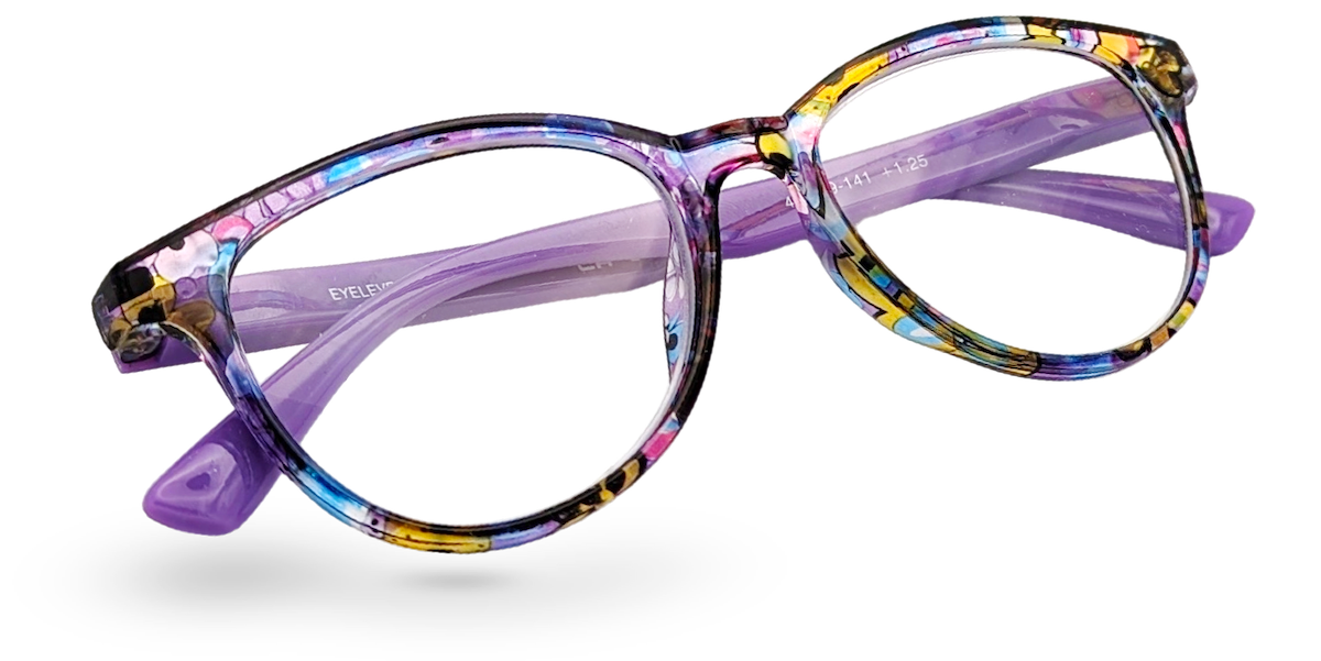 Eyelevel-UK Grenada reading glasses with a colourful lilac and yellow patterned plastic frame and clear lenses.