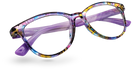 Eyelevel-UK Grenada reading glasses with a colourful lilac and yellow patterned plastic frame and clear lenses.