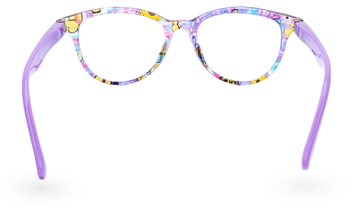 Eyelevel-UK Grenada reading glasses with a colourful lilac and yellow patterned frame and clear magnifying lenses.