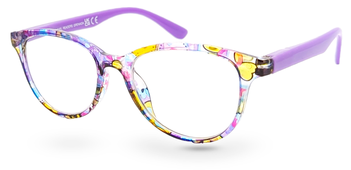 Eyelevel-UK Grenada reading glasses with a colourful lilac and yellow patterned square frame and clear lenses.