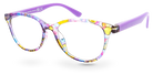 Eyelevel-UK Grenada reading glasses with a colourful lilac and yellow patterned square frame and clear lenses.