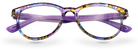 Eyelevel-UK Grenada reading glasses with a colourful lilac and yellow patterned frame and clear magnifying lenses.