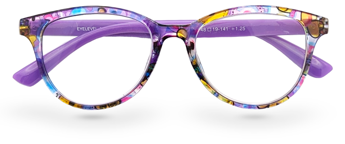 Eyelevel-UK Grenada reading glasses with a colourful lilac and yellow patterned square plastic frame